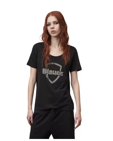 T-shirt donna nera con logo decorato con paillettes | BLAUER T-shirt donna nera con logo decorato con paillettes | BLAUER