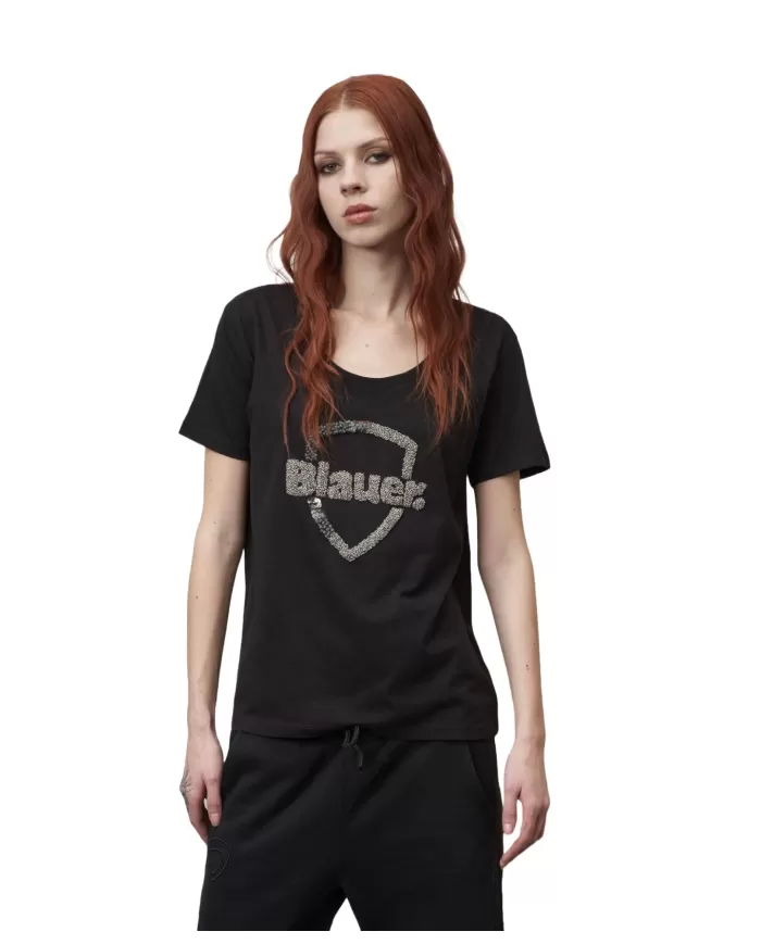 T-shirt donna nera con logo decorato con paillettes | BLAUER T-shirt donna nera con logo decorato con paillettes | BLAUER