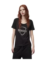 T-shirt donna nera con logo decorato con paillettes | BLAUER