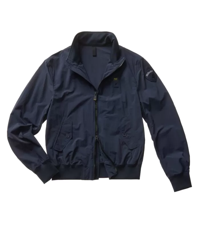 Bomber uomo blu con girocollo alto, bordi a costine e logo | BLAUER Bomber uomo blu con girocollo alto, bordi a costine e logo | BLAUER