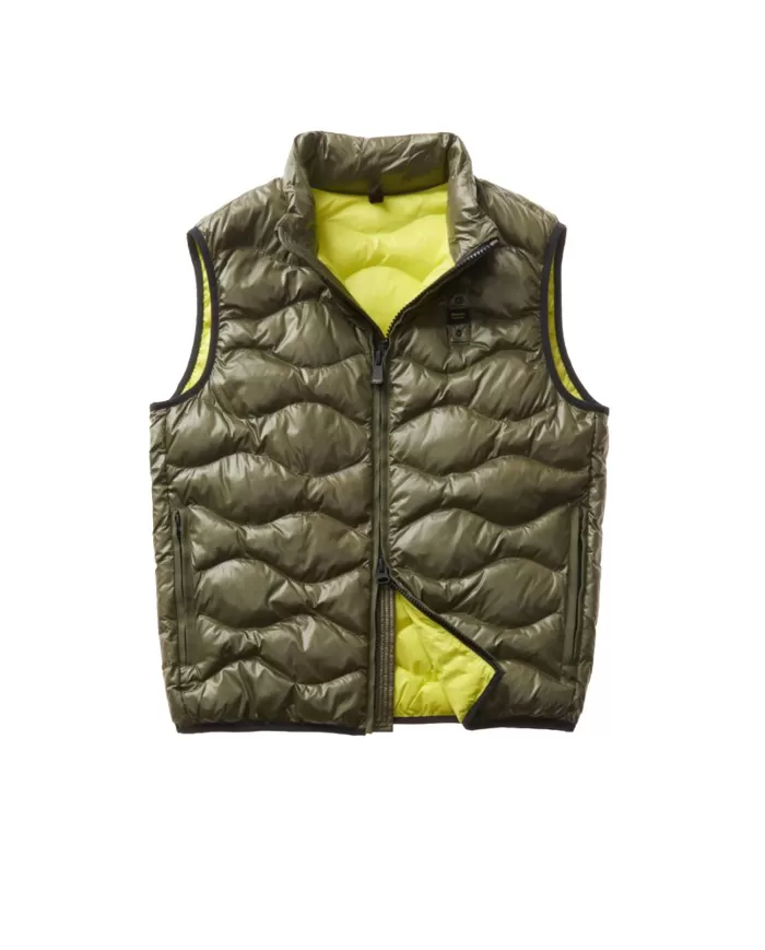 Gilet Uomo verde siepe trapuntato ad onde con colletto alto | BLAUER Gilet Uomo verde siepe trapuntato ad onde con colletto alto | BLAUER