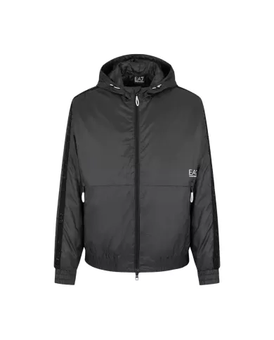 Giubbino con cappuccio uomo nero con logo su petto | EA7