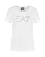 T-Shirt donna bianca in misto cotone con logo strass su petto | EA7 T-Shirt donna bianca in misto cotone con logo strass su petto | EA7