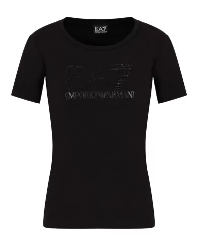 T-Shirt donna nera in misto cotone con logo strass su petto | EA7 T-Shirt donna nera in misto cotone con logo strass su petto | EA7