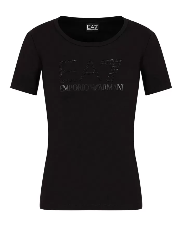 T-Shirt donna nera in misto cotone con logo strass su petto | EA7 T-Shirt donna nera in misto cotone con logo strass su petto | EA7