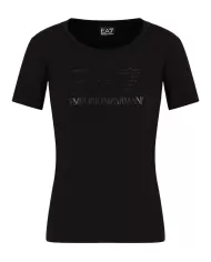 T-Shirt donna nera in misto cotone con logo strass su petto | EA7 T-Shirt donna nera in misto cotone con logo strass su petto | EA7