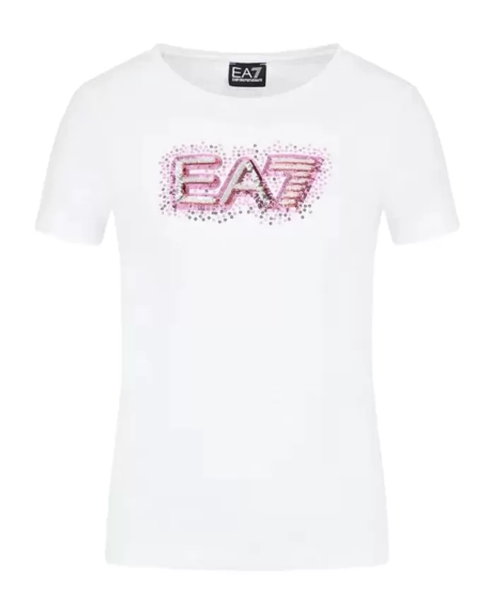 T-Shirt donna bianca con logo frontale effetto neon | EA7 T-Shirt donna bianca con logo frontale effetto neon | EA7