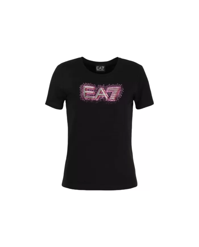 T-Shirt donna nera con logo frontale effetto neon | EA7 T-Shirt donna nera con logo frontale effetto neon | EA7