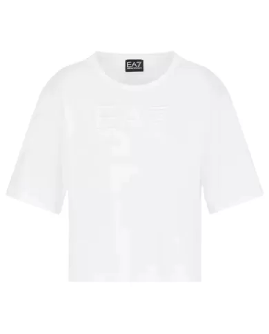 T-Shirt boxy donna bianca in cotone con logo ricamato su petto | EA7 T-Shirt boxy donna bianca in cotone con logo ricamato su petto | EA7