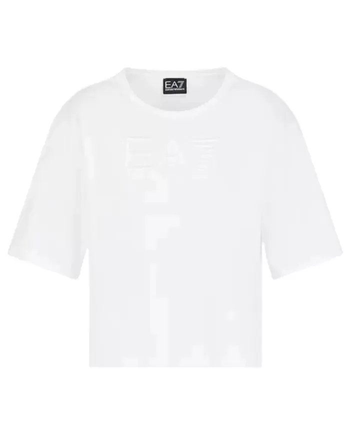 T-Shirt boxy donna bianca in cotone con logo ricamato su petto | EA7 T-Shirt boxy donna bianca in cotone con logo ricamato su petto | EA7