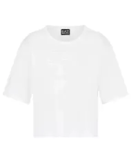T-Shirt boxy donna bianca in cotone con logo ricamato su petto | EA7