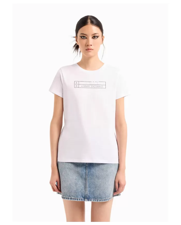 T-Shirt Donna Bianca Con stampa logo E Ricamo | ARMANI EXCHANGE T-Shirt Donna Bianca Con stampa logo E Ricamo | ARMANI EXCHANGE