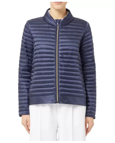 Piumino donna blue black con coletto alto e patch logo | SAVE THE DUCK