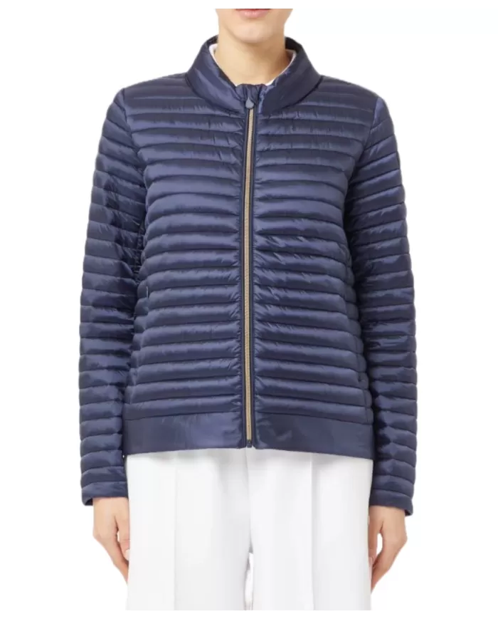Piumino donna blue black con coletto alto e patch logo | SAVE THE DUCK Piumino donna blue black con coletto alto e patch logo | SAVE THE DUCK