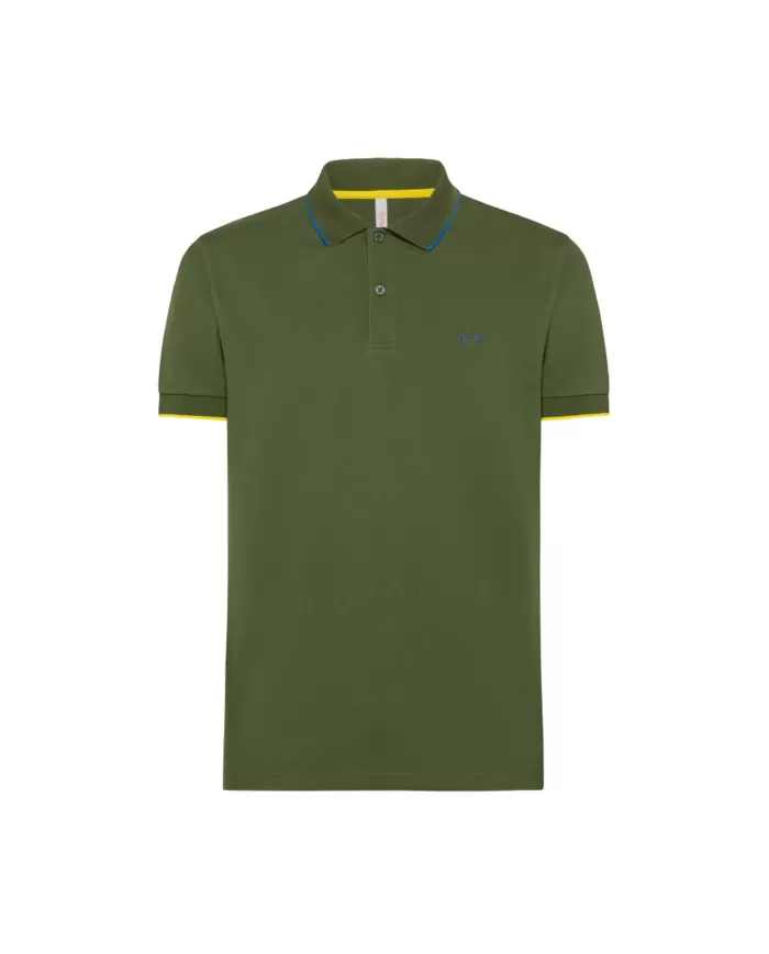 Polo uomo verde scuro con ricamo logo e dettaglio small tripes | SUN68 Polo uomo verde scuro con ricamo logo e dettaglio small tripes | SUN68