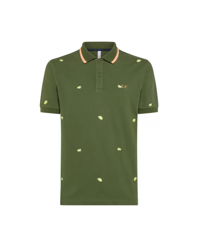Polo uomo verde scuro con ricamo logo e dettagli all-over | SUN68 Polo uomo verde scuro con ricamo logo e dettagli all-over | SUN68