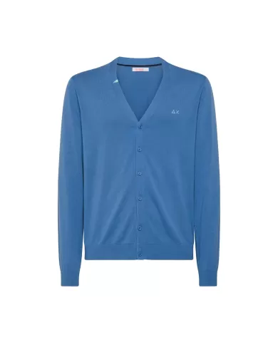 Cardigan uomo avio con bordi a costine e ricamo logo | SUN68