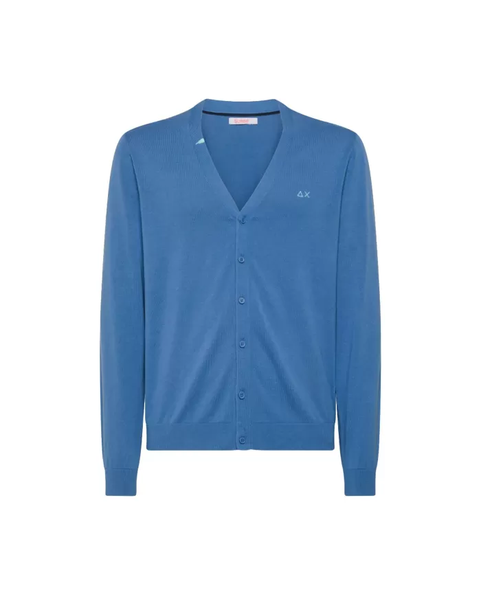 Cardigan uomo avio con bordi a costine e ricamo logo | SUN68 Cardigan uomo avio con bordi a costine e ricamo logo | SUN68