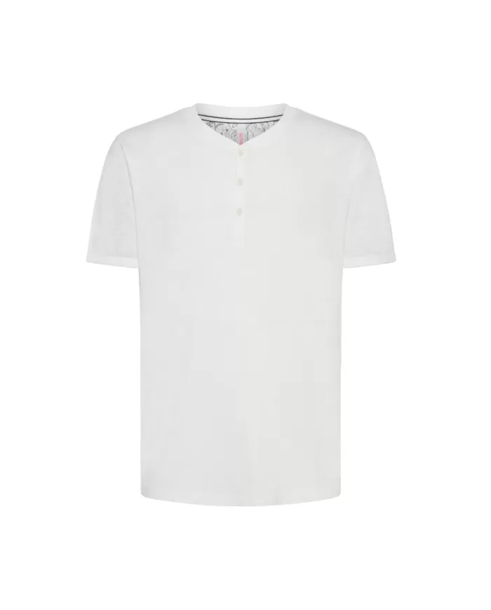T-shirt uomo bianco panna con collo a serafino e ricamo logo | SUN68 T-shirt uomo bianco panna con collo a serafino e ricamo logo | SUN68