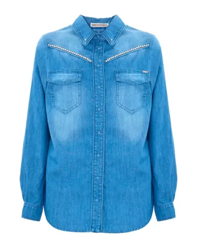 camicia denim chiaro da donna con strass brillanti su petto | KOCCA camicia denim chiaro da donna con strass brillanti su petto | KOCCA