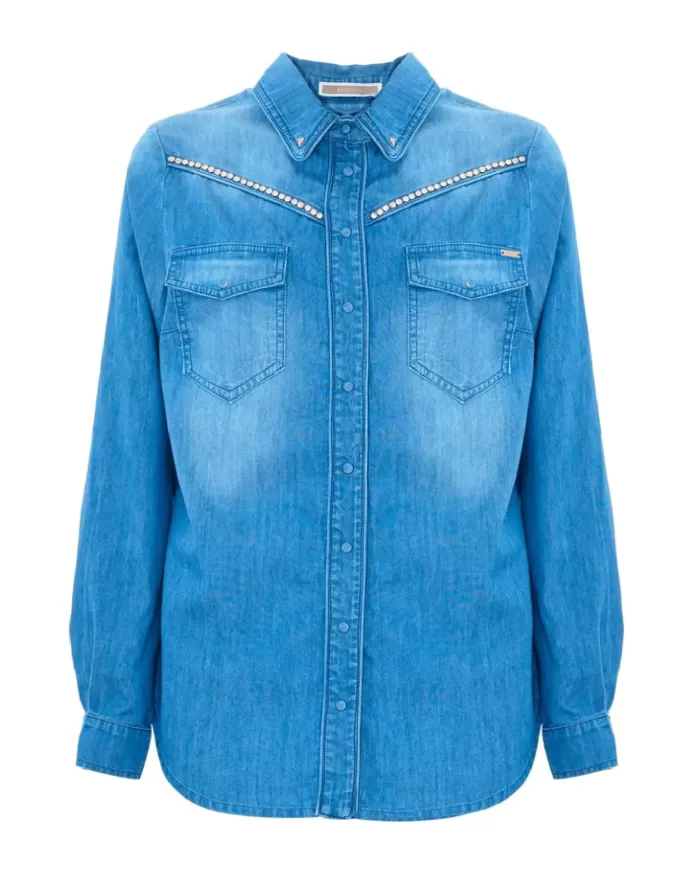 camicia denim chiaro da donna con strass brillanti su petto | KOCCA camicia denim chiaro da donna con strass brillanti su petto | KOCCA