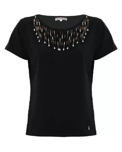 t-shirt nera da donna con perline e cascata sullo scollo | KOCCA t-shirt nera da donna con perline e cascata sullo scollo | KOCCA