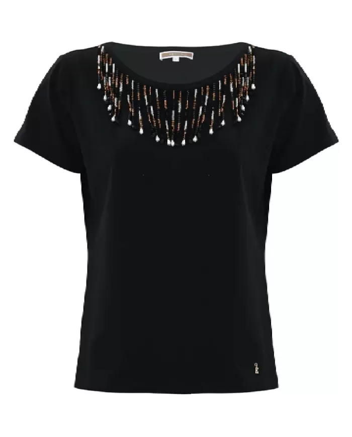 t-shirt nera da donna con perline e cascata sullo scollo | KOCCA t-shirt nera da donna con perline e cascata sullo scollo | KOCCA