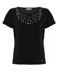 t-shirt nera da donna con perline e cascata sullo scollo | KOCCA