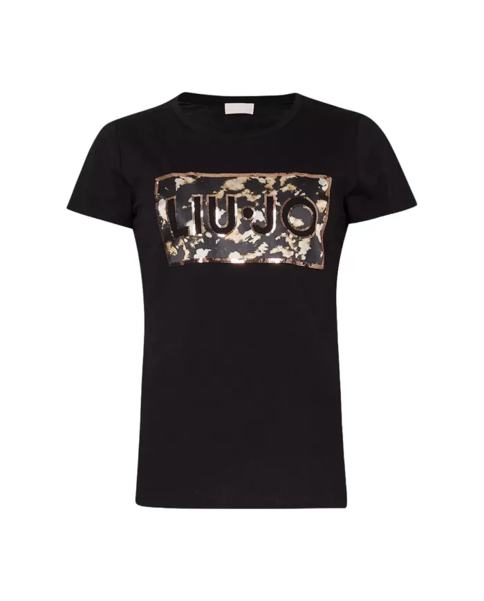 T-shirt donna con stampa logata e pailettes | LIU JO T-shirt donna con stampa logata e pailettes | LIU JO