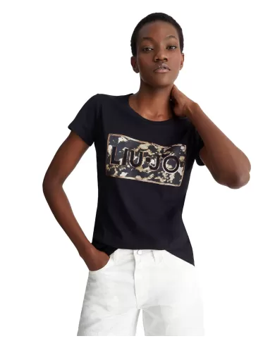 T-shirt donna con stampa logata e pailettes | LIU JO T-shirt donna con stampa logata e pailettes | LIU JO