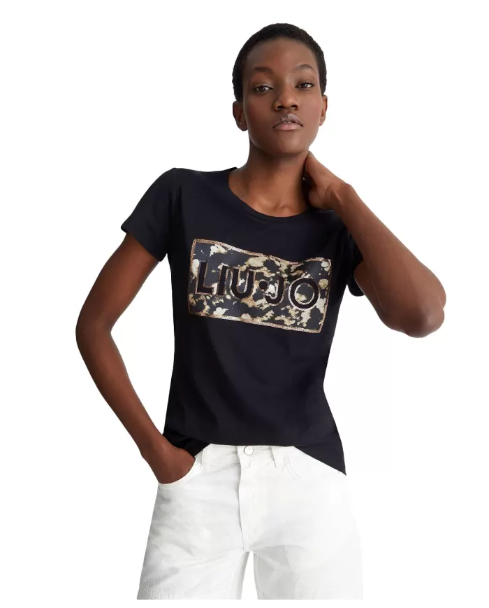 T-shirt donna con stampa logata e pailettes | LIU JO T-shirt donna con stampa logata e pailettes | LIU JO