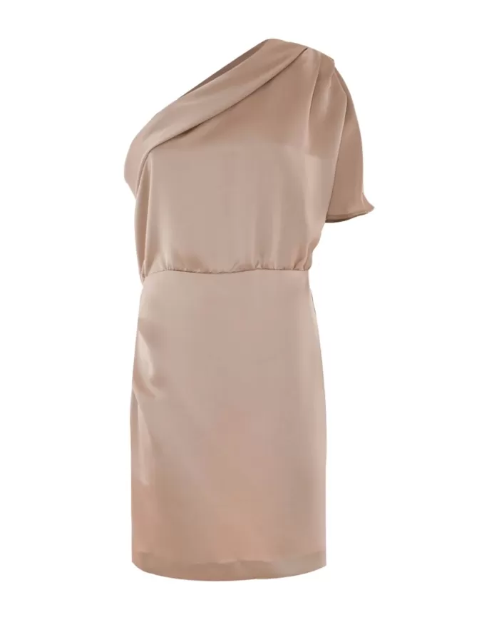 Abito donna oro in raso monospalla con drappeggio su gonna | KOCCA Abito donna oro in raso monospalla con drappeggio su gonna | KOCCA