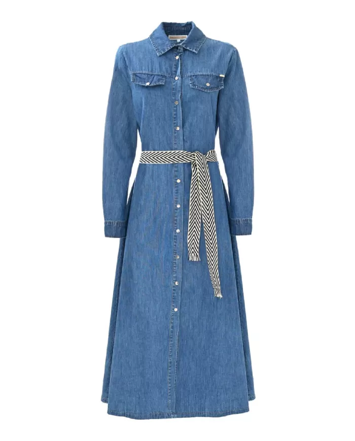 Abito donna modello chemisier blu denim con linea svasata | KOCCA Abito donna modello chemisier blu denim con linea svasata | KOCCA
