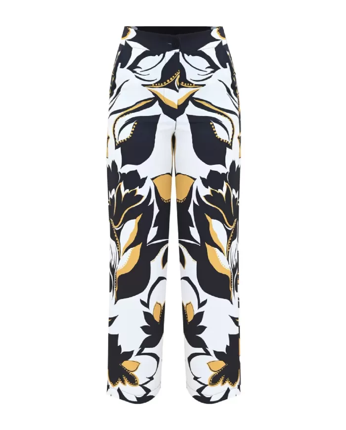 Pantaloni donna con fantasia gialla/nera/bianca di fiori | KOCCA Pantaloni donna con fantasia gialla/nera/bianca di fiori | KOCCA