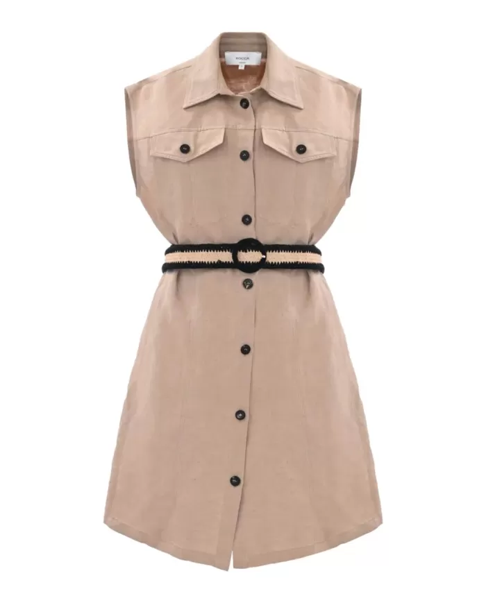 Abito in misto lino donna sabbia con bottoni,cintura e tasconi | KOCCA Abito in misto lino donna sabbia con bottoni,cintura e tasconi | KOCCA