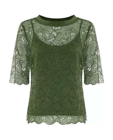 Blusa donna in pizzo rebrodé verde militare con effetto doppio | KOCCA Blusa donna in pizzo rebrodé verde militare con effetto doppio | KOCCA