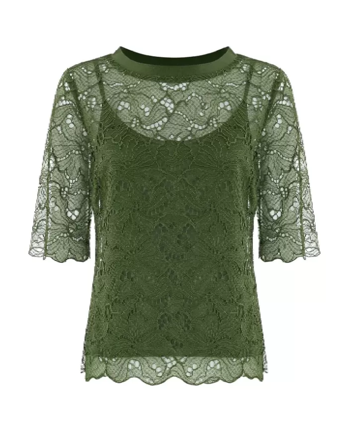 Blusa donna in pizzo rebrodé verde militare con effetto doppio | KOCCA Blusa donna in pizzo rebrodé verde militare con effetto doppio | KOCCA
