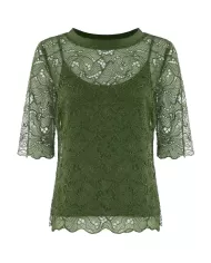 Blusa donna in pizzo rebrodé verde militare con effetto doppio | KOCCA