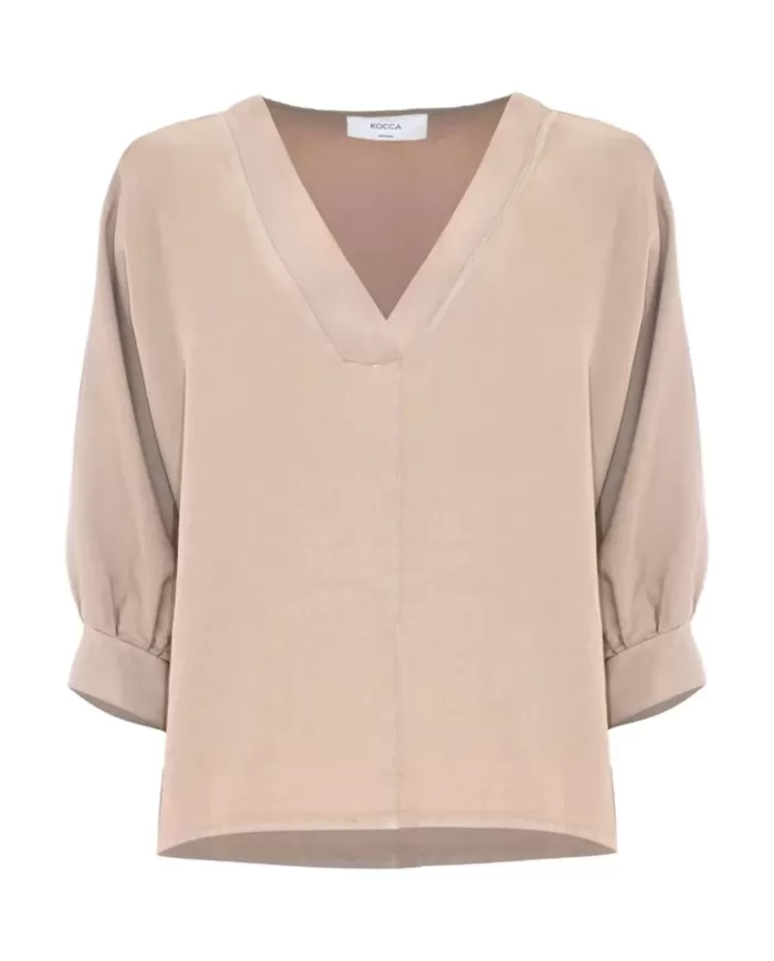 Blusa donna sabbia con maniche lunghe a sbuffo e scollo a v | KOCCA Blusa donna sabbia con maniche lunghe a sbuffo e scollo a v | KOCCA