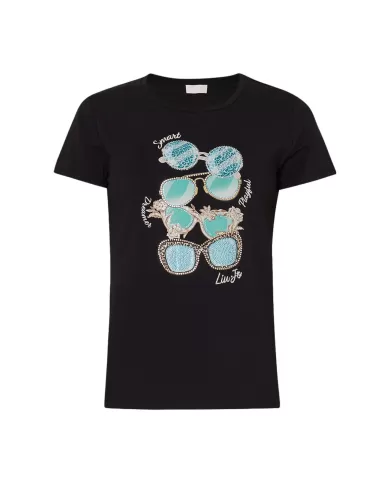 T-shirt donna nera/occhiali con stampa con strass logata | LIU JO T-shirt donna nera/occhiali con stampa con strass logata | LIU JO