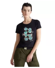 T-shirt donna nera/occhiali con stampa con strass logata | LIU JO T-shirt donna nera/occhiali con stampa con strass logata | LIU JO