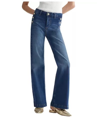 Jeans donna denim blu con gamba flare e bottoni gioiello | LIU JO Jeans donna denim blu con gamba flare e bottoni gioiello | LIU JO