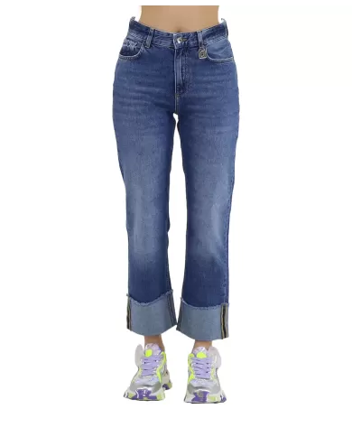 Jeans donna denim blu tagliato a vivo e logo argentato | LIU JO Jeans donna denim blu tagliato a vivo e logo argentato | LIU JO