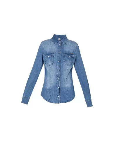 Camicia donna denim blue con strass logo e taschini su petto | LIU JO Camicia donna denim blue con strass logo e taschini su petto | LIU JO