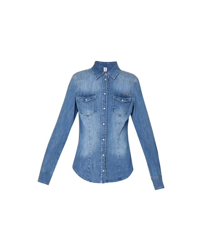 Camicia donna denim blue con strass logo e taschini su petto | LIU JO Camicia donna denim blue con strass logo e taschini su petto | LIU JO