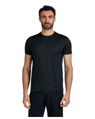 T-shirt uomo nera in tessuto tecnico e logo su manica sinistra | SUNS