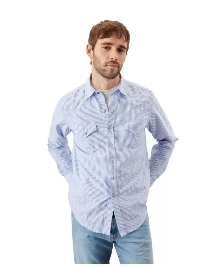 Camicia uomo blu/bianca con motivo a righe e nastro logo | ROY ROGER'S Camicia uomo blu/bianca con motivo a righe e nastro logo | ROY ROGER'S