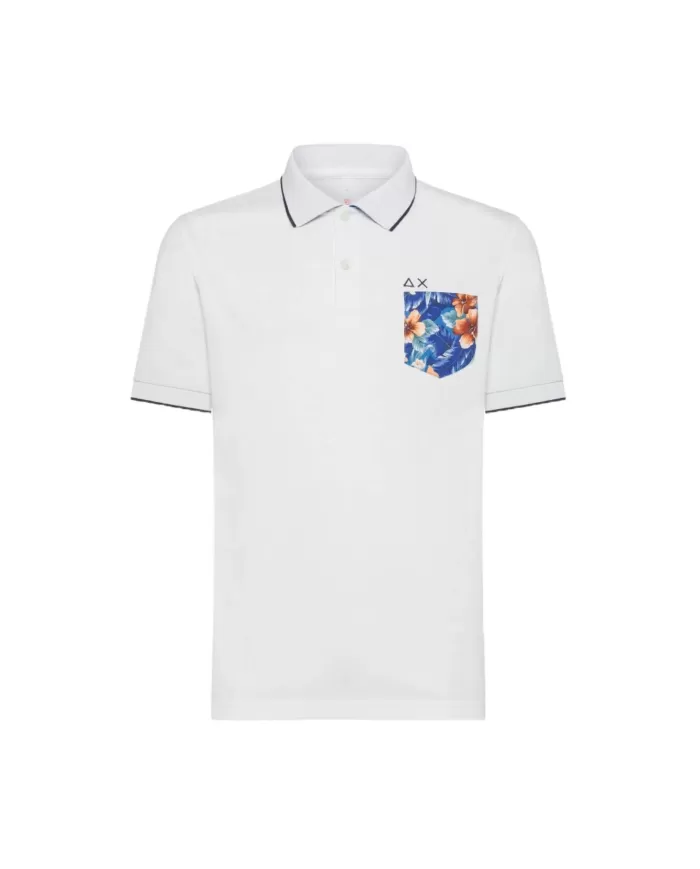 polo bianca da uomo con dettagli stripes e taschino a fantasia | SUN68 polo bianca da uomo con dettagli stripes e taschino a fantasia | SUN68