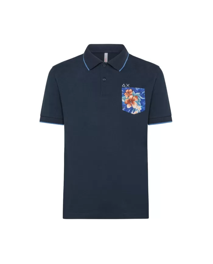 polo navy blue da uomo con dettagli stripes e taschino a fantasia | SUN68 polo navy blue da uomo con dettagli stripes e taschino a fantasia | SUN68