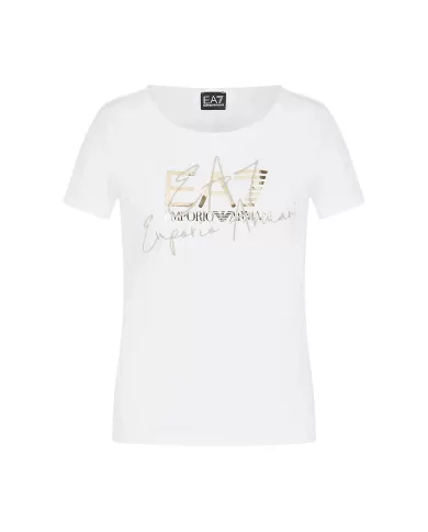 t-shirt bianca da donna con stampa logata e dettaglio ricamato | EA7 t-shirt bianca da donna con stampa logata e dettaglio ricamato | EA7